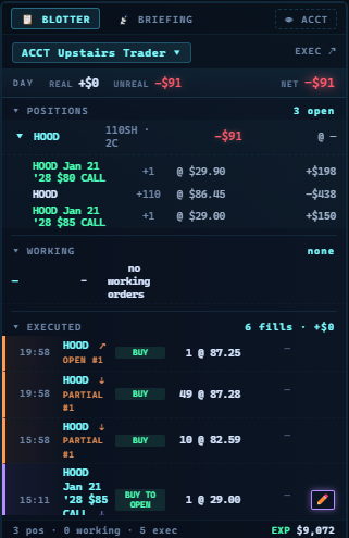 Live blotter — orders and fills with click-to-chart.